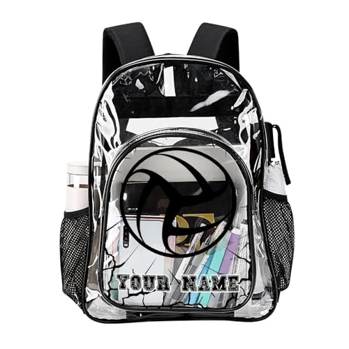 Custom Volleyball Clear Backpack Heavy Duty for Girls Kids Boys | Large Cool PVC Volleyball Theme Printing Transparent Backpacks for Schools Stadium Concerts Work - Clear/Black - color: Volleyball Clear Backpack 3 Black With Front Pocket Custom