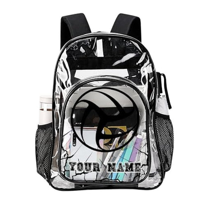 Custom Volleyball Clear Backpack Heavy Duty for Girls Kids Boys | Large Cool PVC Volleyball Theme Printing Transparent Backpacks for Schools Stadium Concerts Work - Clear/Black - color: Volleyball Clear Backpack 3 Black With Front Pocket Custom