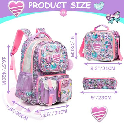 Meetbelify Backpacks for Girls Cute School Backpacks for Elementary Students Ages 8-10 Kids Aesthetic Travel Backpack Large Capacity Laptop Bookbag with Lunch Box 3 in 1 Backpack Set for Girls - color: 01 Girl