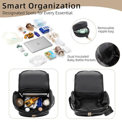 Large Leather Diaper Bag Backpack, Baby Travel Bag with Changing Pad, Insulated Pockets, Stroller Straps and Pacifier Case, Water-Resistant Diaper Bag for Mom and Dad, Black - color: Black