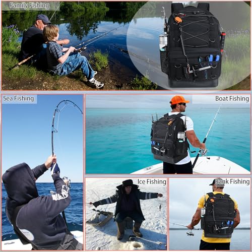 Fishing Backpack with 4 Tackle Boxes, Heavy Duty Fishing Bag with Waterproof Bottom, Tackle Backpack Gifts for Man Woman-Pure Black - color: Pure Black