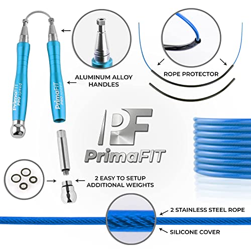 PrimaFIT Jump Rope Pro Speed Skipping Rope Adjustable Adult Jumping Rope Weighted Aluminium Handles for Double Dutch Boxing Workout Crossfit Exercise Fitness Spare Cable Weights Protectors Carry Bag - color: Light Blue
