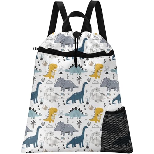 Cute Sketch Dinosaur Drawstring Backpack, 15” x 17” Waterproof Swim Bag for Beach Swimming Pool, Lightweight Foldable Gym Bag with Water Bottle Holder for Sports Travel - color: Cute Dinosaur