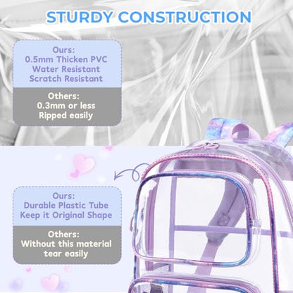 Sisipoet Clear Backpack for Girls with Starry Sky Print, Heavy Duty Transparent Bookbag for School, Stadium, and Concert, Purple - color: Purple/Starry