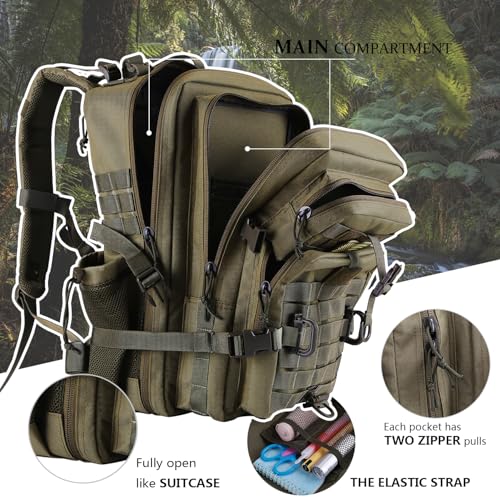 Hannibal Tactical 45L MOLLE Assault Backpack, Tactical Backpack Military Army Camping Rucksack with Bottle Holder, 3-Day Pack Trip w/USA Flag Patch, D-Rings, Olive - color: Olive, size: 45L