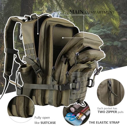 Hannibal Tactical 45L MOLLE Assault Backpack, Tactical Backpack Military Army Camping Rucksack with Bottle Holder, 3-Day Pack Trip w/USA Flag Patch, D-Rings, Olive - color: Olive, size: 45L