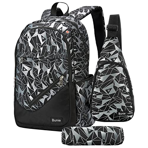 bunie School Backpack for Boys Large Bookbag Boys Backpacks Elementary Middle High School Bags Kids Cool Back Pack Children 7 8 9 10 11 12 13 14 15 16 Years Old (Black) - color: Black