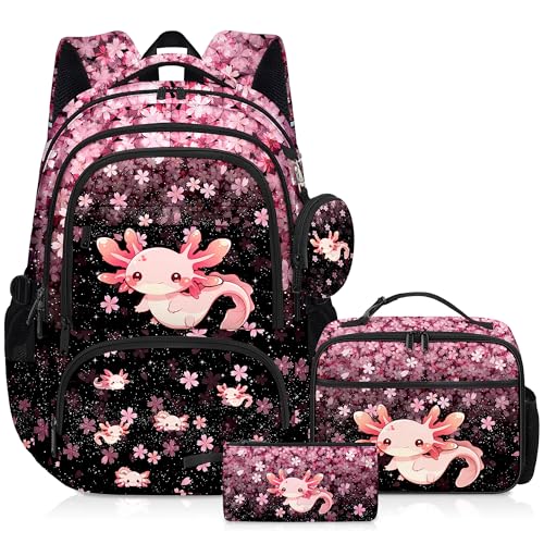 Axolotl Backpack for Girls, Girls Backpacks with Lunch Box and Pencil Case for School, Kids Axolotl Bookbag - color: Axolotl