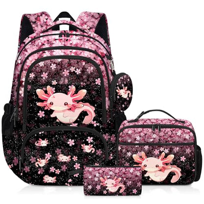 Axolotl Backpack for Girls, Girls Backpacks with Lunch Box and Pencil Case for School, Kids Axolotl Bookbag - color: Axolotl