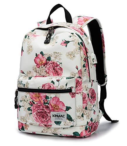 Kinmac Peony Pattern 15 inch Waterproof Laptop Travel Outdoor Backpack With USB Charging Port For 13 inch 14 inch and 15.6 inch Laptop - color: Peony
