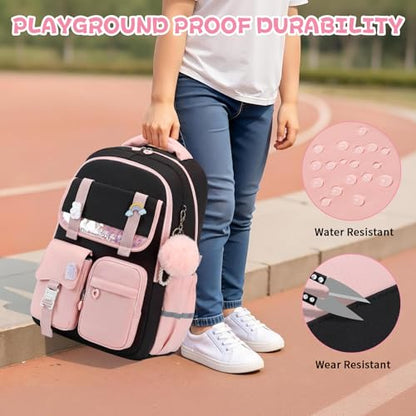 MUSEVOS Girls Backpack, Kids Backpack for Girls, School Bookbag for Teens Age 6-15, Large Capacity Water Resistant Backpack for Elementary to High School, Cute Travel Daypack, Black Pink 3pcs - color: Black Pink-3pcs