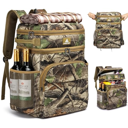 Laripwit Picnic Backpack Cooler - 54 Cans Large Soft Camo Lunch Backpack Bag Insulated Leakproof with Double Deck Compartment - color: Camo-with Stretchy Strap