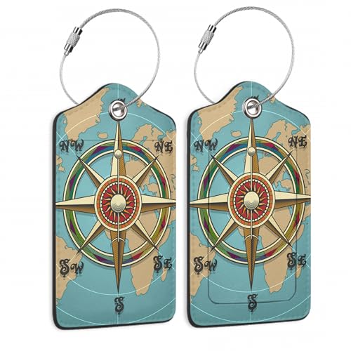 Luggage Tags for Suitcase,2 Pack Nautical Compass Luggage Tag World Map Leather Privacy Cover ID Label with Stainless Steel Loop for Women Men Kids Girls Travel - color: Nautical Compass Retro World Map