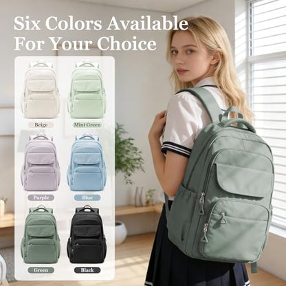 Cute School Backpack for Teens Girls Boys Waterproof School Bag Basic Backpack for College Students Multi Pocket Backpack Lightweight Casual Daypack Backpacks for Women Men（Green） - color: Green