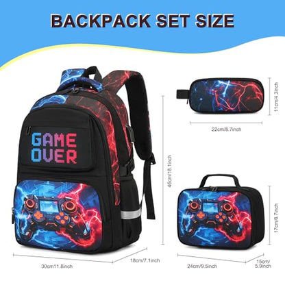 Scothen 3PCS Boys Backpack Set, Cool Backpack for Boys with Lunch Bag & Pencil Case, Kids School Bag Teen Boy Bookbag for Kindergarten Elementary Middle School with USB Charging Port - color: Red & Blue Lightning