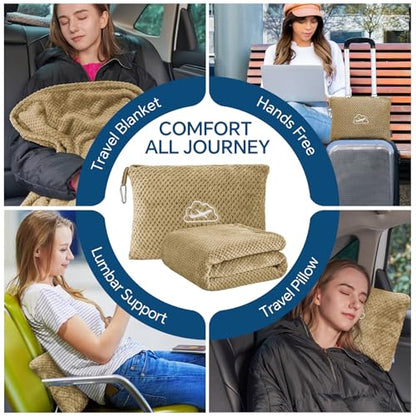 BEDELITE Travel Blanket with Bag, Ultra-Soft Jacquard Fleece Blanket with Luggage Sleeve & Backpack Clip, Airplane Blanket Travel Essentials, Camel - color: Camel