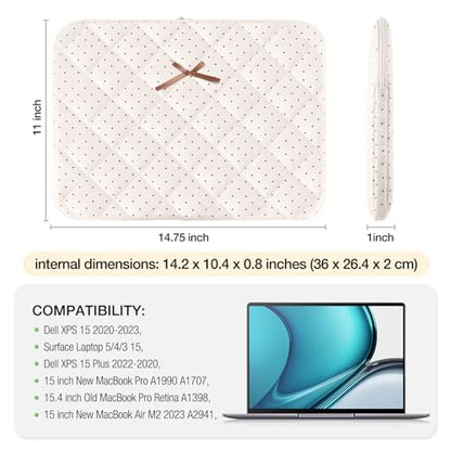 Cute Bow Laptop Sleeve 15 Inch for 15" MacBook Air, Puffy Quilted Laptop Case Computer Cover for 15" MacBook, Hp, Dell, Lenovo, Acer, Chromebook (White Bow, 15 inch) - size: 15 inch