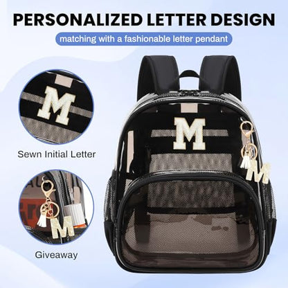 PIG PIG GIRL Clear Backpacks for Stadium Events Approved 12×6×12 Clear Bookbag for Women Mini Transparent Letter Back Pack, Semi-black, Letter-M - color: Semi Black, style: M