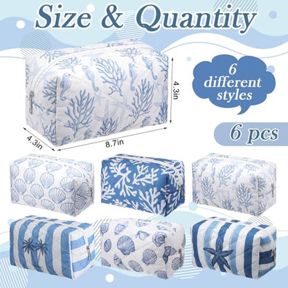 Hillban 6 Pcs Ocean Quilted Cosmetic Bags Coastal Themed Gifts Ocean Aesthetic Essential Makeup Bags Starfish Coral Seashell Beach Kit for Women Travel Vacation Accessories (Coastal) - style: Coastal