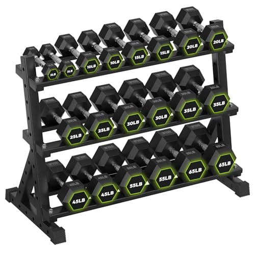 HANDBODE 3-Tier Dumbbell Rack Stand, 1000LB Capacity Storage Rack, Weight Rack for Dumbbells, Kettlebell, 390–700 lb Rubber Coated Fixed Weight Sets, Home Gym Strength Training Equipment - color: 610 lb Set (5-65 lb) *2 & Rack
