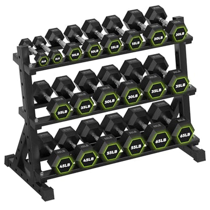 HANDBODE 3-Tier Dumbbell Rack Stand, 1000LB Capacity Storage Rack, Weight Rack for Dumbbells, Kettlebell, 390–700 lb Rubber Coated Fixed Weight Sets, Home Gym Strength Training Equipment - color: 610 lb Set (5-65 lb) *2 & Rack