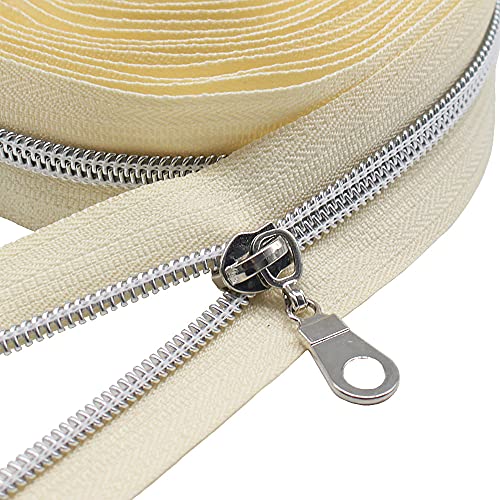 MebuZip #5 Silver Metallic Nylon Coil Zippers by The Yard Bulk Coil Zipper Roll 10 Yards with 25pcs Pulls for DIY Sewing Craft Bags (Beige) - color: Silver Beige