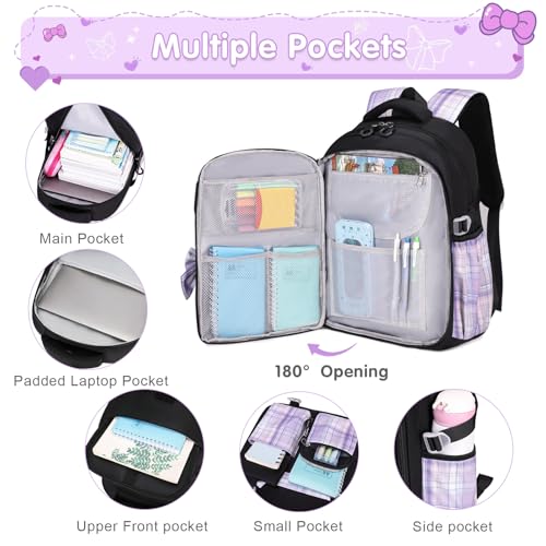 ACESAK Girls Backpack - 3PCS Backpack for Girls Cute School Backpacks for Kindergarten Elementary Preschool Middle Kids School Bags with Lunch Box Pencil Case Set (Black Purple) - color: Black-purple