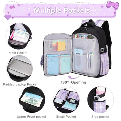 ACESAK Girls Backpack - 3PCS Backpack for Girls Cute School Backpacks for Kindergarten Elementary Preschool Middle Kids School Bags with Lunch Box Pencil Case Set (Black Purple) - color: Black-purple