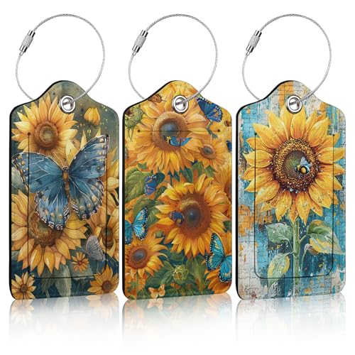 3 Pack Vintage Sunflowers Butterfly Luggage Tags for Suitcase PU Leather Travel Luggage Tag Privacy Cover ID Label for Women Men Baggage Backpack Handbag School Bag - color: Vintage Sunflowers Butterfly