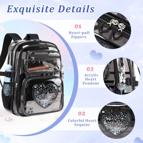 Clear Backpack for School Girls, Cute Heavy Duty PVC Transparent Bookbag, See-Through Bag for Stadium Event Semi-Black - color: Semi-black