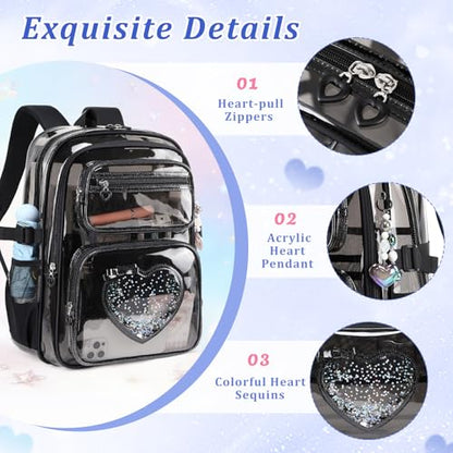 Clear Backpack for School Girls, Cute Heavy Duty PVC Transparent Bookbag, See-Through Bag for Stadium Event Semi-Black - color: Semi-black