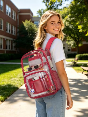 Clear Backpack Heavy Duty for Women Men Boys Girls, Large Clear Bookbag See Through Backpack for School College - color: 10#red-3m Reflective Strips
