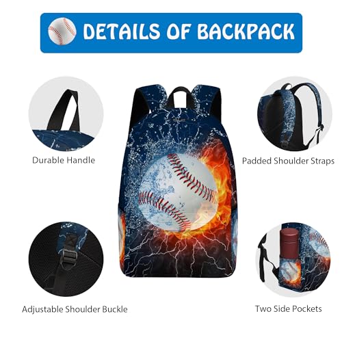 3PCS Backpack for Boys Girls, Kids Baseball Back to School Backpack Sets with Lunch Bag Pencil Case, 17 Inch Lightweight Bookpack 3 in 1 Set for Teens Elementary Middle High School Students - color: Water Fire Baseball