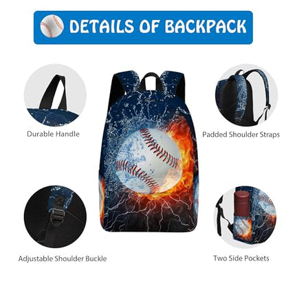 3PCS Backpack for Boys Girls, Kids Baseball Back to School Backpack Sets with Lunch Bag Pencil Case, 17 Inch Lightweight Bookpack 3 in 1 Set for Teens Elementary Middle High School Students - color: Water Fire Baseball