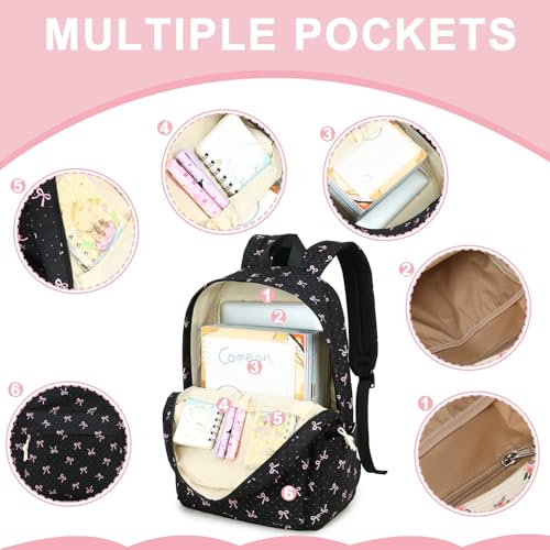 Bluboon School Backpack for Teen Girls Women Laptop Backpack College Bookbags Middle School Travel Work Commuter Back Pack - color: Pink Bow Black Background