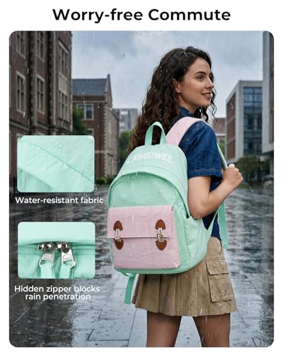 Lightweight Travel Backpack for Women, School Backpack for Teen Girls & Boys, Water-repellent Taslon Fabric, Stylish Casual Daypack for College Everyday Use, Fits 14" Laptop, Green & Pink - color: Green & Pink