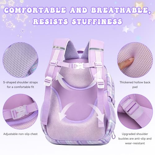 Kids Backpack for Girls,Cute Plaid Backpack,Preppy Bookbag for Elementary & Middle School Students,Large Capacity School Bag,17 Inch,Purple - color: Purple