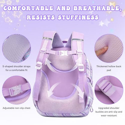 Kids Backpack for Girls,Cute Plaid Backpack,Preppy Bookbag for Elementary & Middle School Students,Large Capacity School Bag,17 Inch,Purple - color: Purple