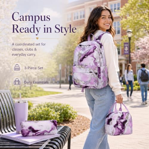 Bluboon Teen Girls School Backpack Kids Bookbag Set with Lunch Box Pencil Case Travel Laptop Backpack Casual Daypacks (Purple Marble) - color: Purple Marble