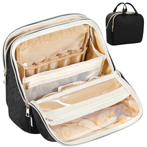 Makeup Bag, Large Capacity with Room for Brushes and Mirror, Travel Makeup Organizer, Portable Standing Make Up Case, Waterproof Cosmetic Toiletry Bags with Handle, Color Black - color: Black