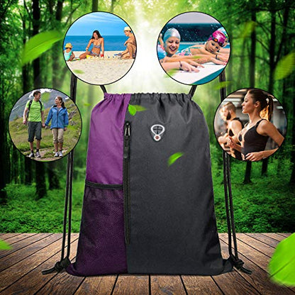 BeeGreen Purple Drawstring Backpack Sports Gym Bag for Women Men Large Cinch Sack workout Bag with Zipper and Water Bottle Mesh Pockets, 16 x 20 inch - color: Black/Purple, style: Drawstring With Mesh Pocket