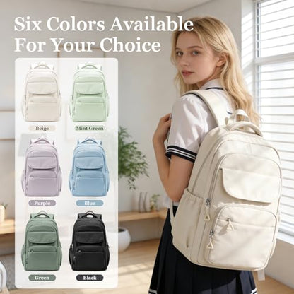 Cute School Backpack for Teens Girls Boys Waterproof School Bag Basic Backpack for College Students Multi Pocket Backpack Lightweight Casual Daypack Backpacks for Women Men（Beige） - color: White