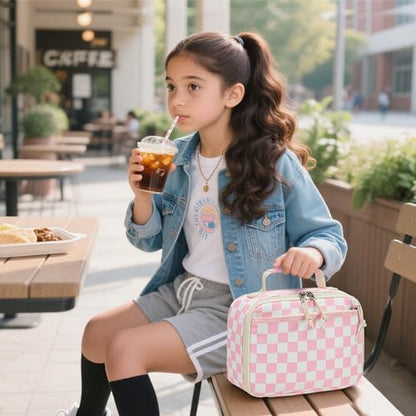 LEDAOU Lunch Box Kids Insulated Lunch Bag Girls Boys Toddler Reusable Lunchbox for School Picnic Hiking (Checkered-Pink) - color: Checkered-Pink