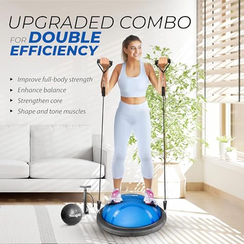 Yes4All 880LBS Half Ball Balance Trainer, Pilates Balance & Stability Ball for Exercises, Home Gym, Floor & Full Body Workouts - color: C. Upgrade Combo - Black/Blue