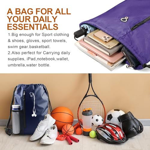 BeeGreen Dark Purple Drawstring Backpack Gym Bag For Men & Women – Sports Sackpack with Mesh Water Bottle Holder & 2 Zippered Pockets – Large 16x20 Inch Cinch String Backpack - color: Dark Purple, style: Drawstring With Mesh Pocket