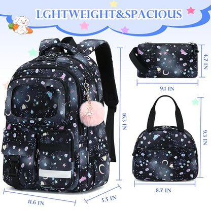 AO ALI VICTORY Backpack for Girls with Lunch Bag Pencil Case Kids School Bags for Kindergarten Elementary Middle Primary Schoolbag Cute 16 inch Laptop Bookbag Students 3 PCS Cute Bookbag, Black Set - color: Black Set