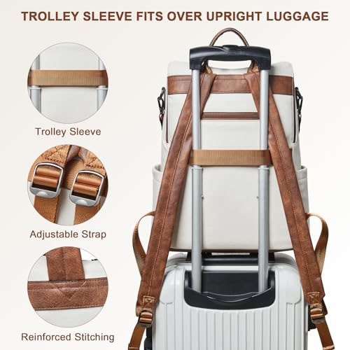 Shrrie Laptop Backpack for Women 15.6 inch,Travel Leather Backpack Purse Nurse Teacher Carry on Backpack Computer Bag,Professional Water-Resistant College Business Work Casual Daypack,Beige with Brown - color: Beige With Brown