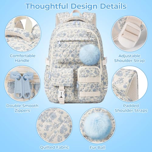 Quilted Backpack for Teen Girls, Cute Blue Floral School Backpack with Multi-Pocket Design, Lightweight Cotton Bookbag Fits 15.6" Laptop, Large Capacity Aesthetic Backpack with Plush Charm - color: Blue Floral
