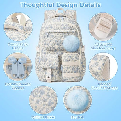 Quilted Backpack for Teen Girls, Cute Blue Floral School Backpack with Multi-Pocket Design, Lightweight Cotton Bookbag Fits 15.6" Laptop, Large Capacity Aesthetic Backpack with Plush Charm - color: Blue Floral