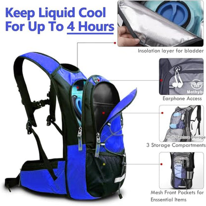 Mothybot Hydration Pack, Insulated Hydration Backpack with 2L BPA Free Water Bladder and Storage, Hiking Backpack for Men, Women, Kids for Running, Cycling, Camping - Keep Liquid Cool up to 5 Hours - color: Dark Blue